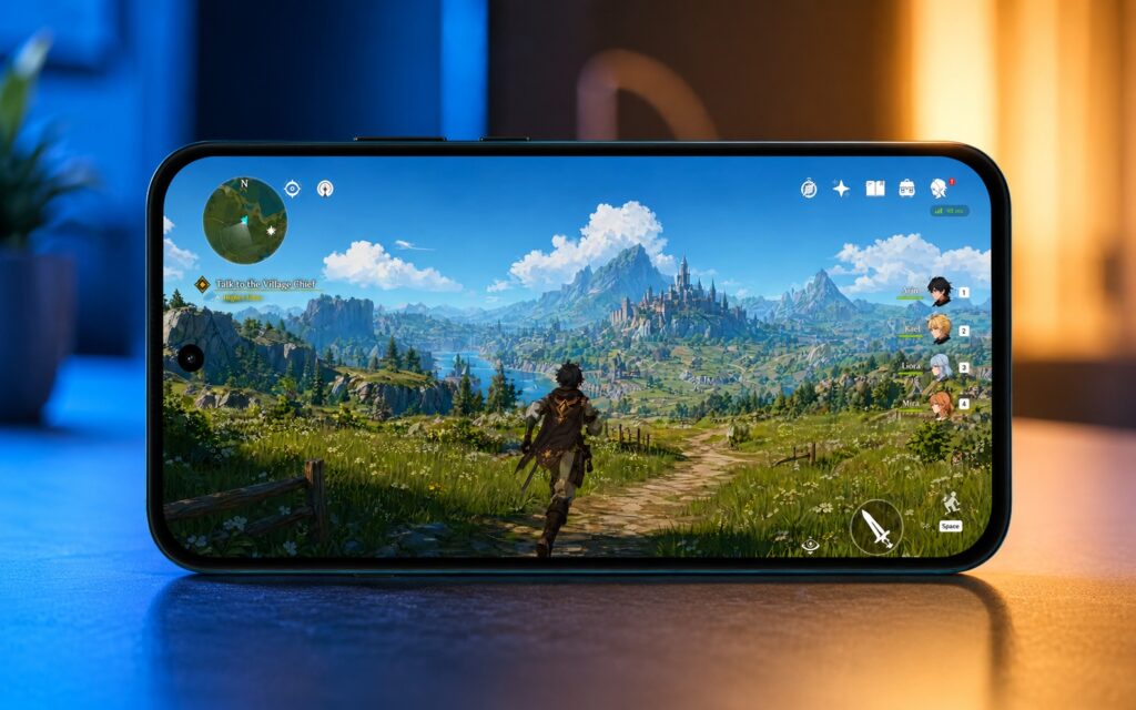 The smartphone's screen with wide bezels