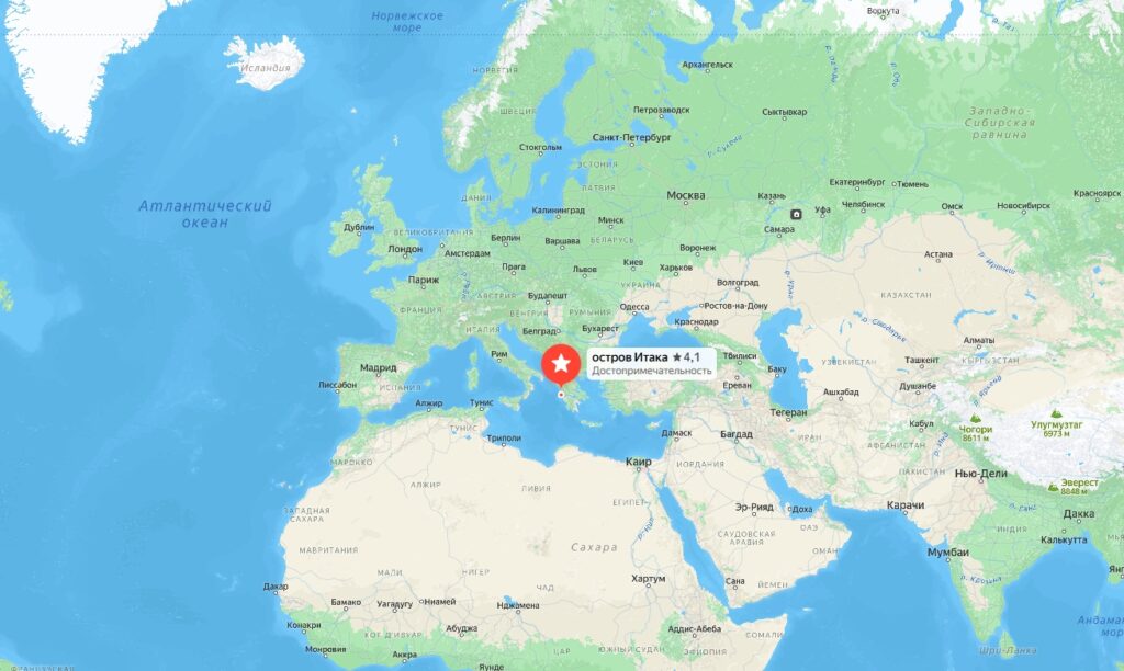 The island of Ithaca on the map