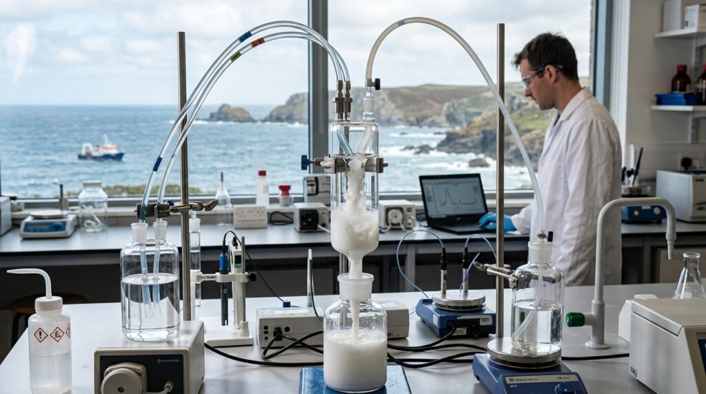 White magnesium hydroxide precipitate forms from seawater in the reactor