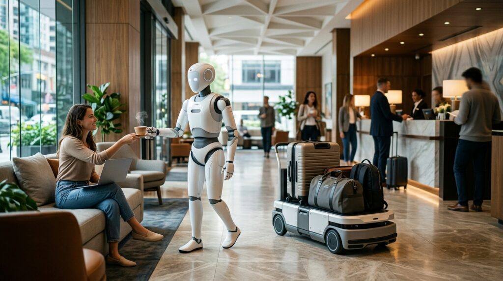 Different hotel robots are managed by a single artificial intelligence system