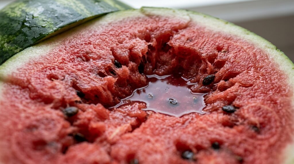 In an overripe watermelon, cell walls break down, causing the flesh to resemble wet cotton