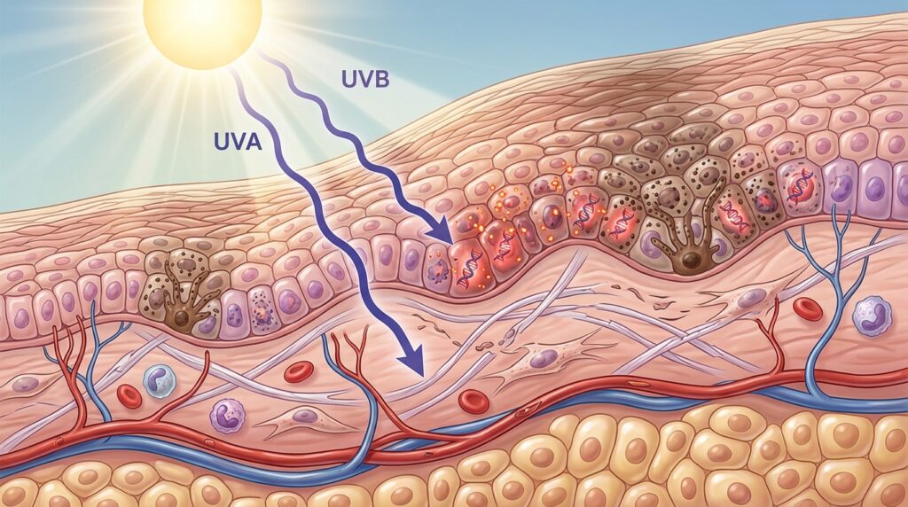 Ultraviolet radiation penetrates the skin and damages cells at a deep level