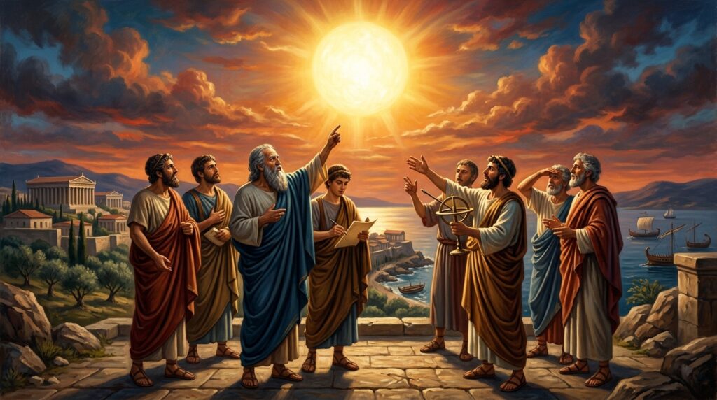 ancient philosophers and astronomers pointing at a bright glowing sun in the sky, classical oil painting style