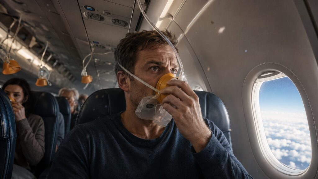 The oxygen mask provides oxygen supply in an emergency situation when cabin pressure drops sharply (for example, during depressurization). Photo.