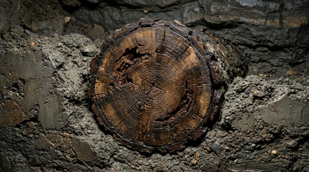 The piles haven't turned to stone — they remain wooden but are reliably preserved in the ground