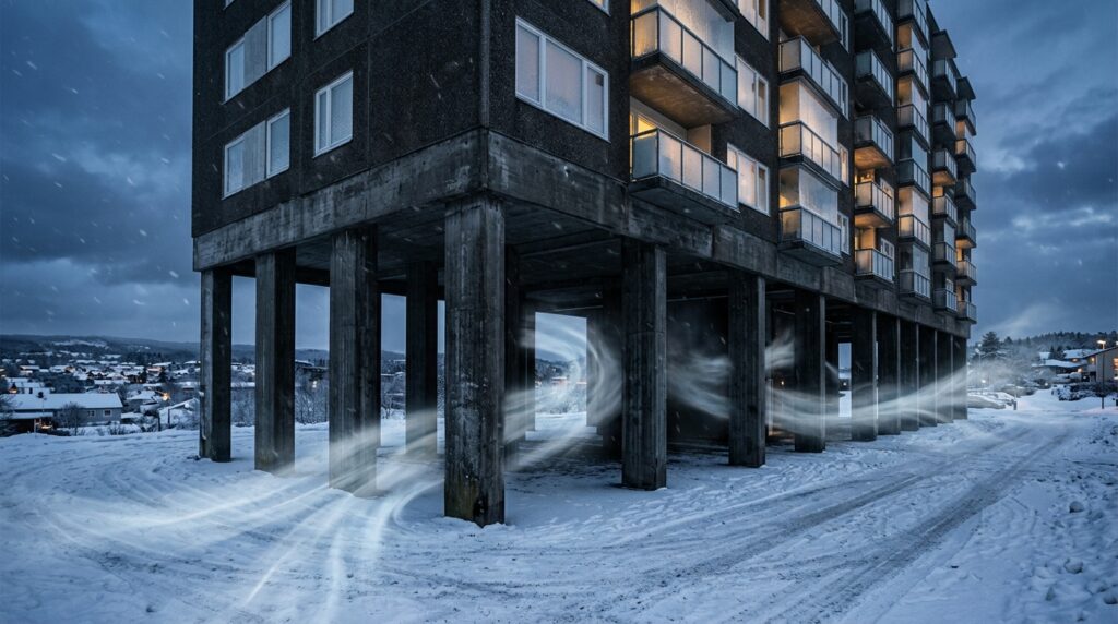 Cold air freely circulates under a multi-story building on pillars