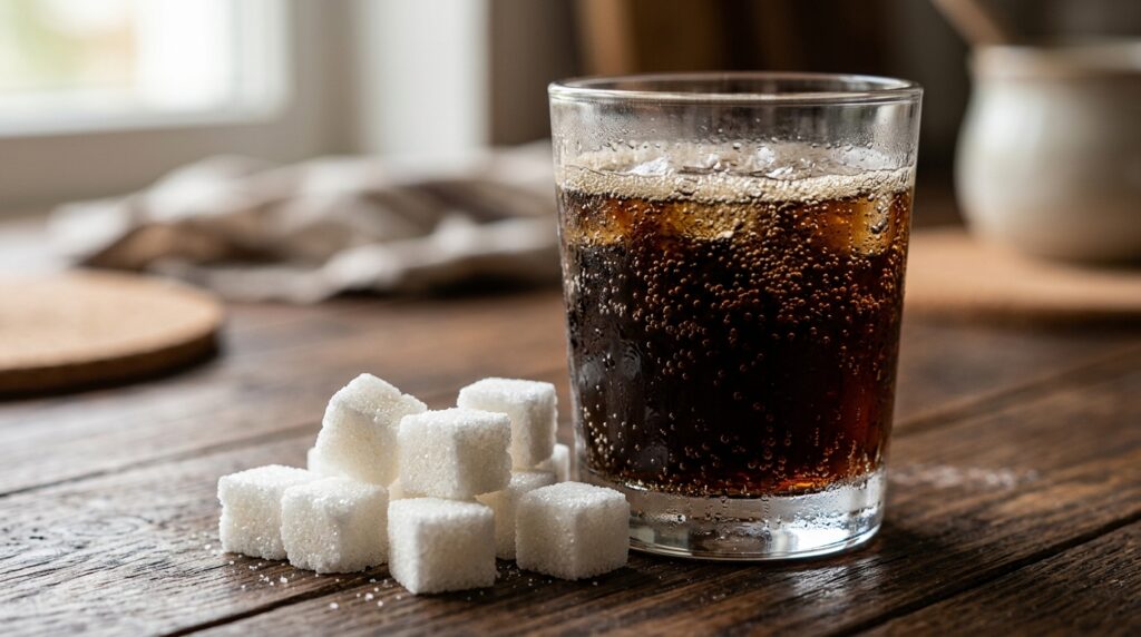 Cola contains too much sugar to drink it every day. Photo.