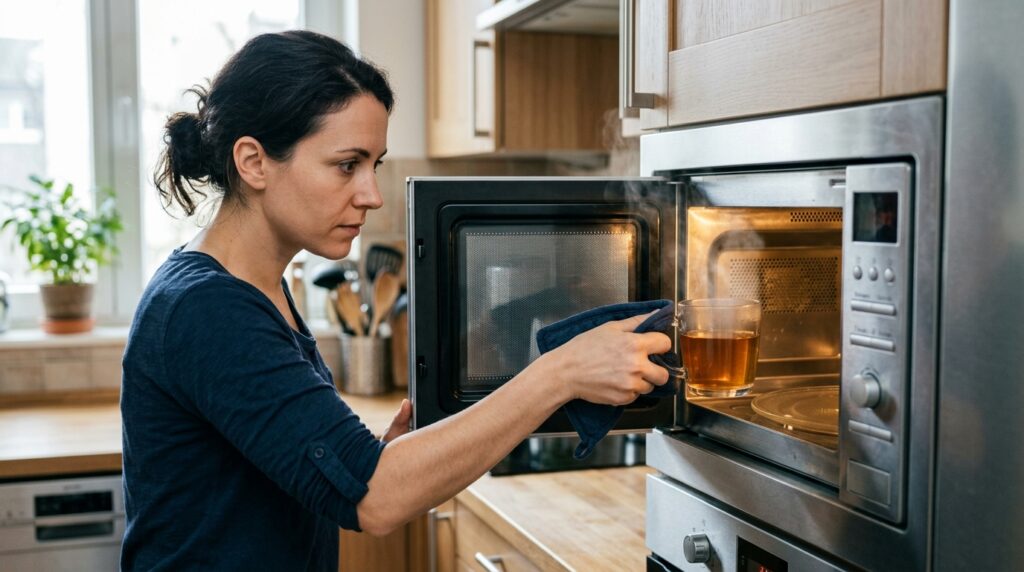 It's better to heat water in a smooth mug in short intervals