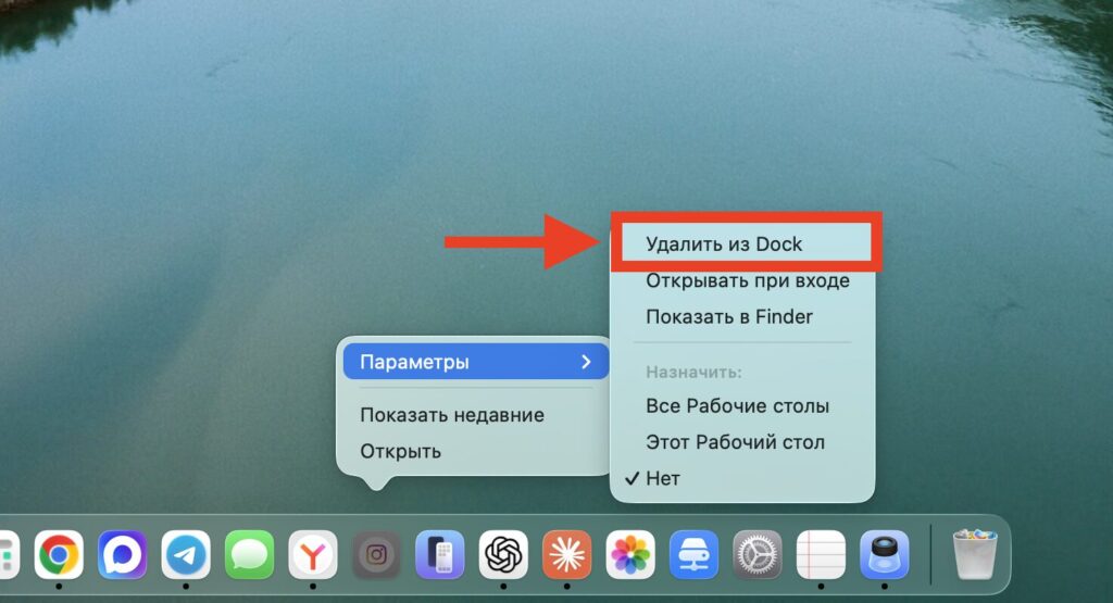 How to remove the question mark in the Dock on Mac. Delete the icon with this button. Photo.