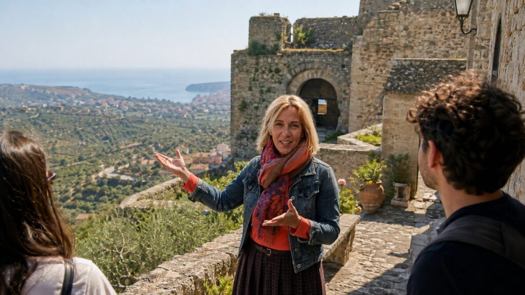 Keeper Olga welcomes visitors at an ancient Italian castle. Photo.