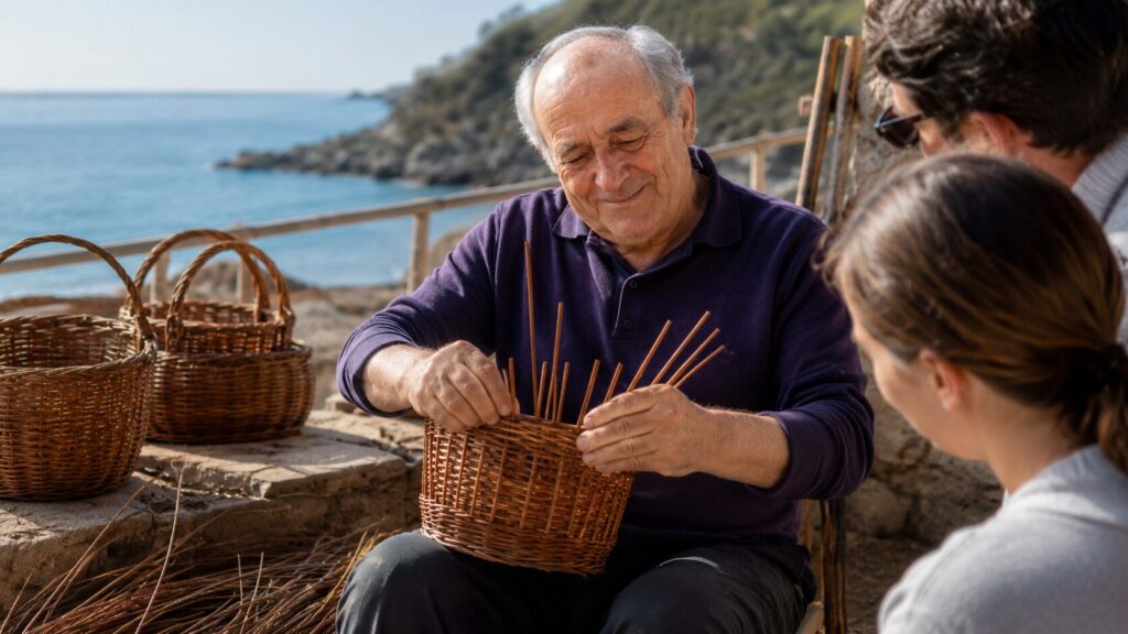 Basket weaver Antonio at his favorite craft. Photo.