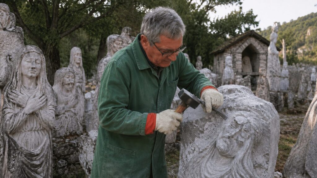 Sculptor Franco among his sculptures. Photo.