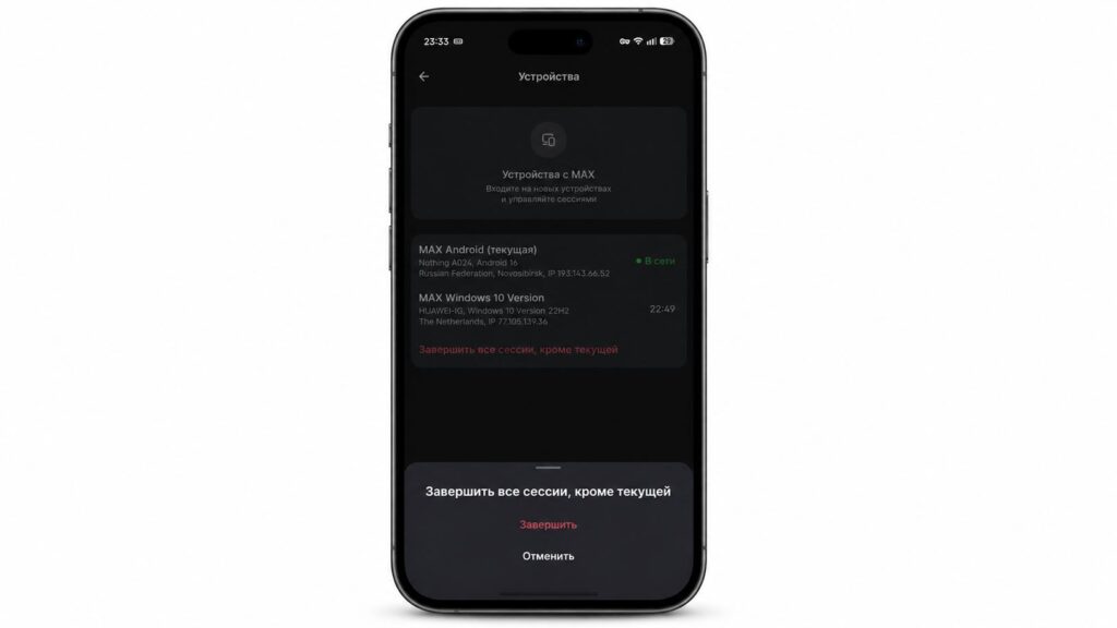 How to log out of MAX on another device. Don't forget to terminate sessions in MAX. Photo.