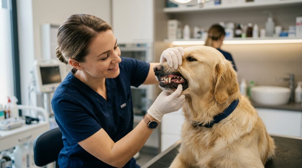 A veterinarian examines a dog's teeth — the easiest way to determine age in the first year of life