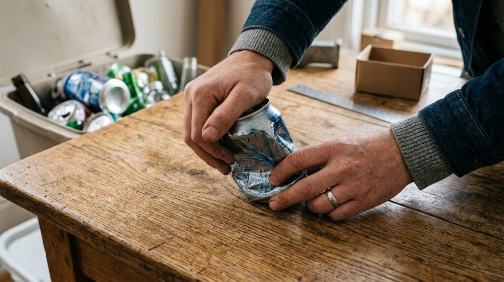 Crushing cans and plastic bottles is a mandatory step that saves space during transportation