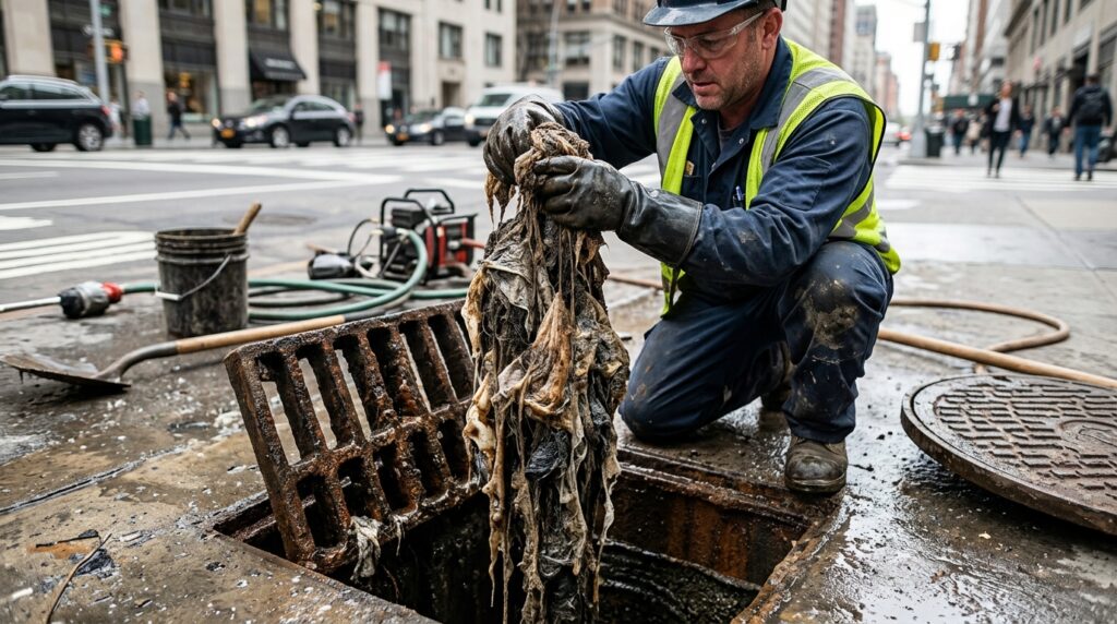 Utility workers regularly have to extract accumulated debris from the sewer system. Photo.