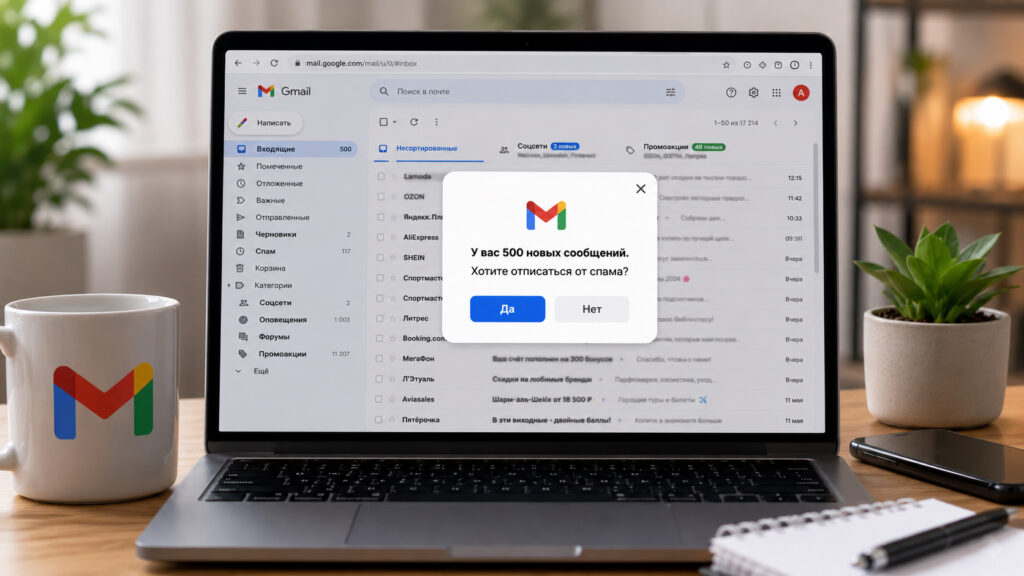 Getting rid of spam in Gmail. Photo.