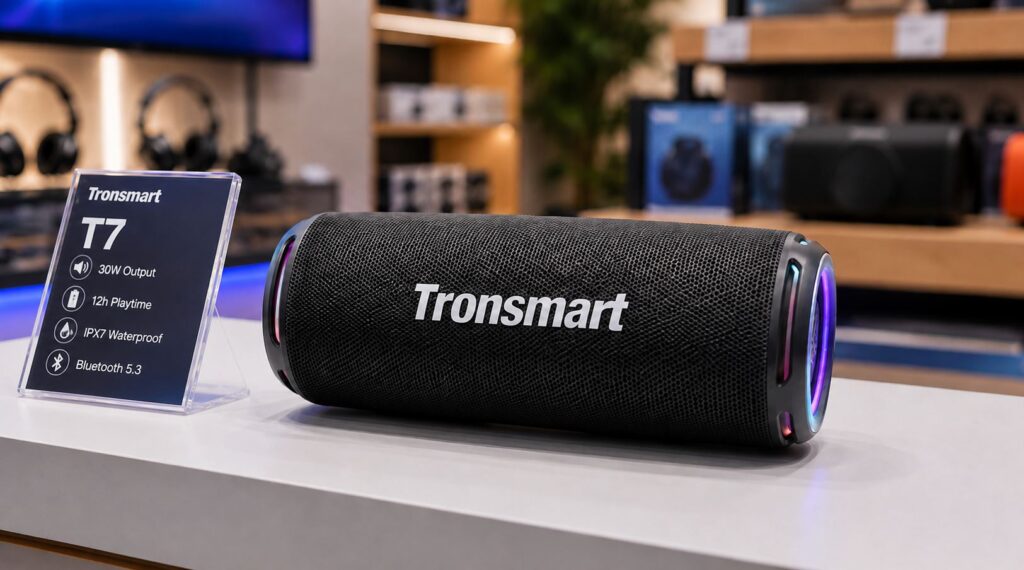 Portable outdoor speaker. Tronsmart T7 — a proven model highly rated by users. Photo.
