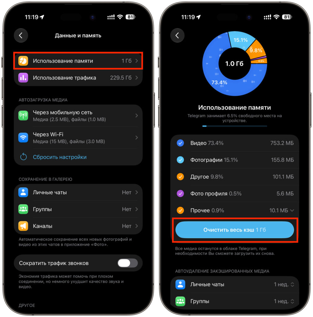 Telegram cache clearing screen in the app's storage settings on iPhone.