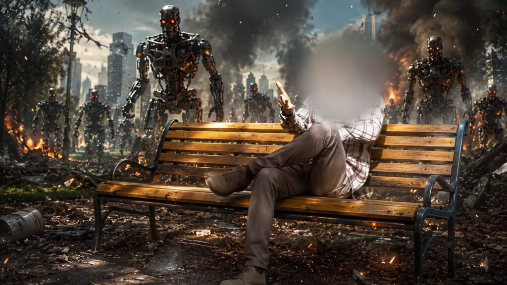 Man claims he escaped from the future to flee a robot uprising. Photo.