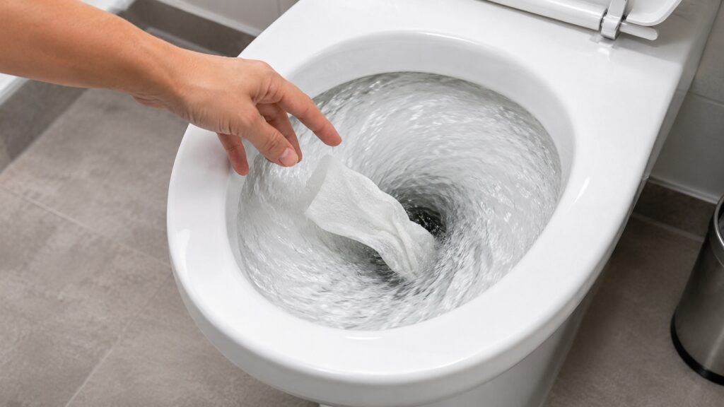 Even 'flushable' wipes should not be flushed down the toilet, and there are serious reasons for that. Photo.