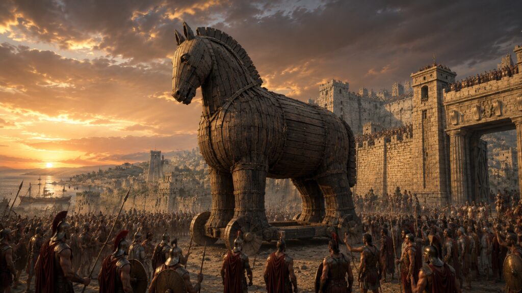 According to ancient Greek mythology, the Trojan Horse episode occurred around 1200 BC during the Trojan War. Photo.