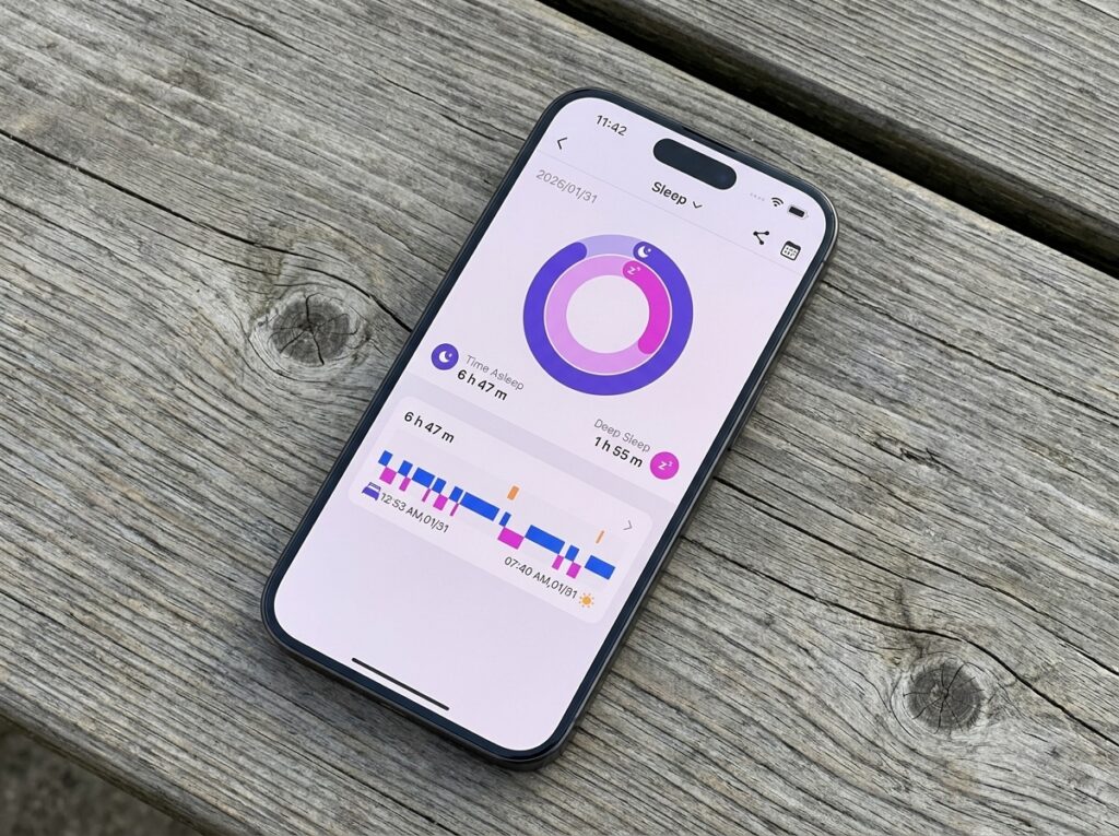 iPhone with Whoop copy app on wooden boards: Sleep screen