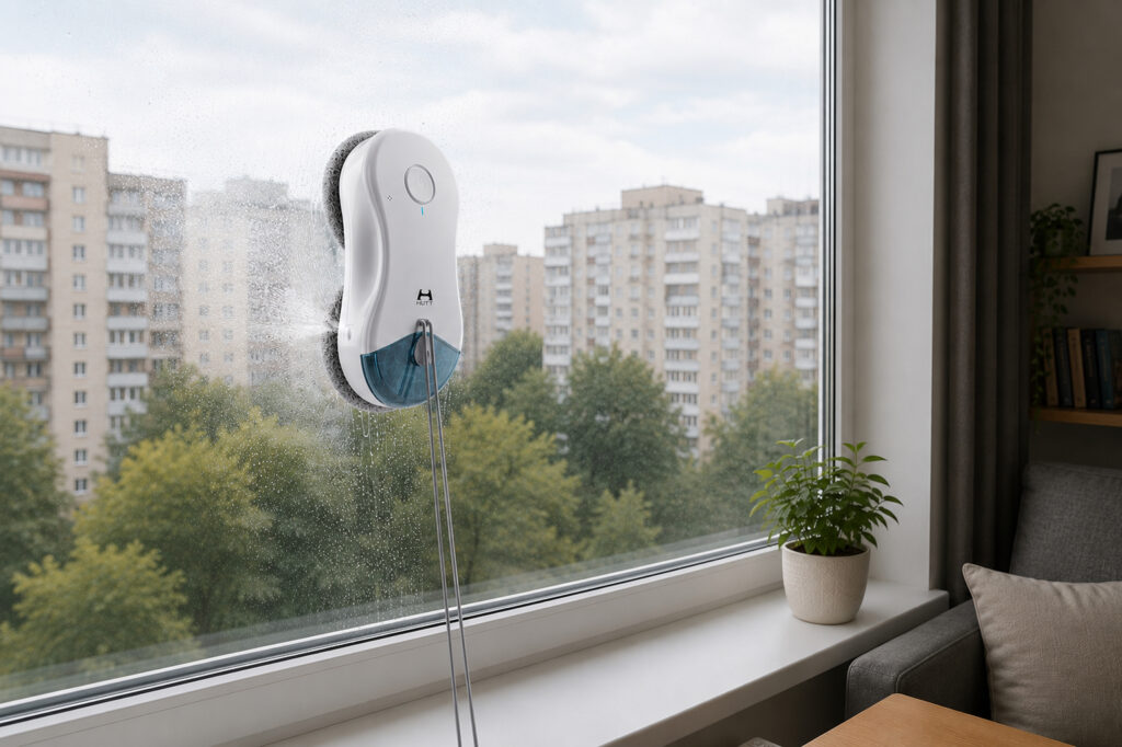 How a window cleaning robot with water spraying works. The robot can spray water, meaning you won't need to intervene in the cleaning process. Photo.
