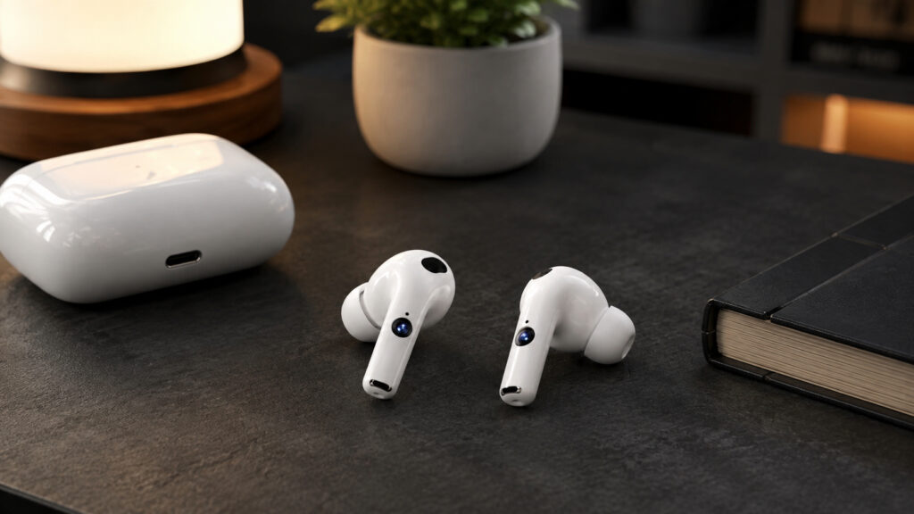 The earbuds will likely look like this, or the camera may be integrated into the very tip of the stem.