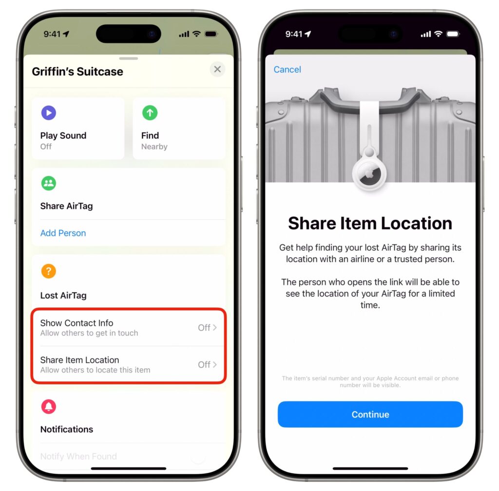 Lost luggage at the airport: how AirTag helps. Share the tracker's location with the airline to speed up the search.