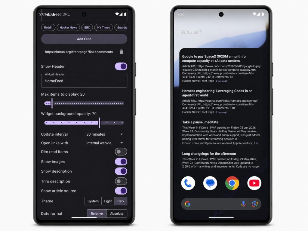HomeFeed RSS widget for Android