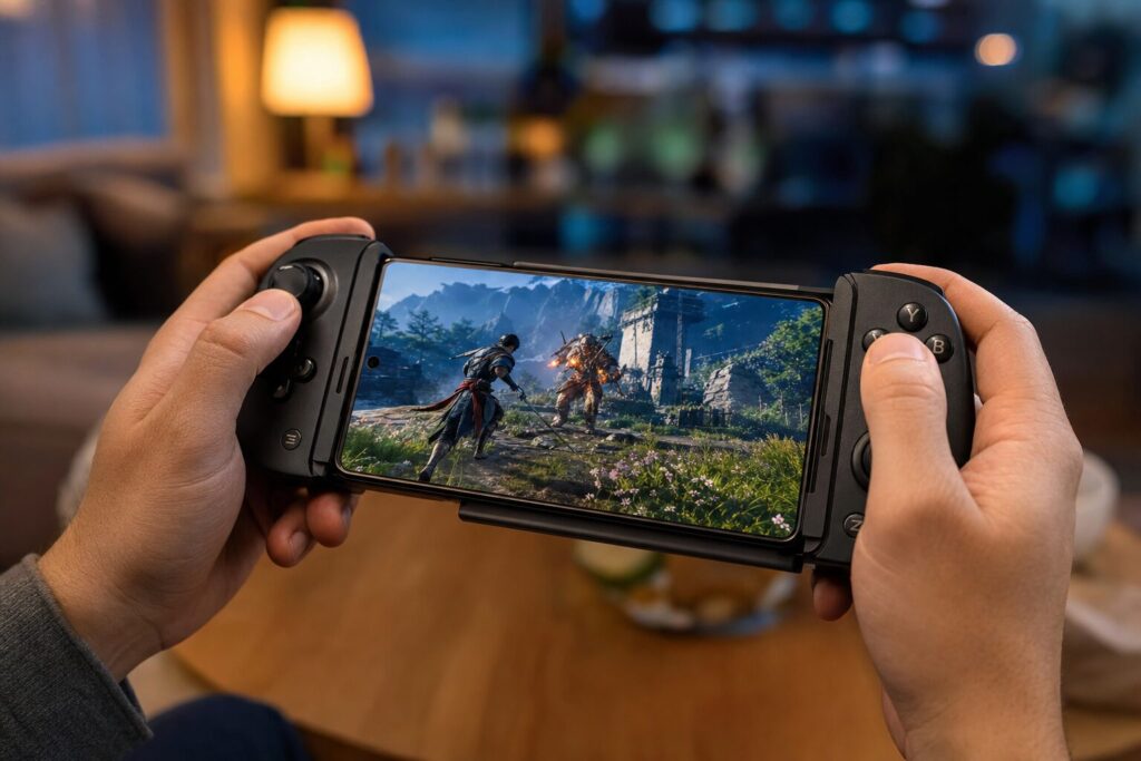 Collection of mobile gaming accessories including gamepads, coolers, and finger sleeves