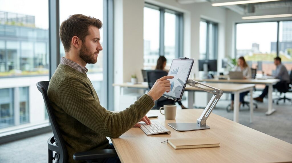 A special tablet stand helped experiment participants maintain an upright posture.