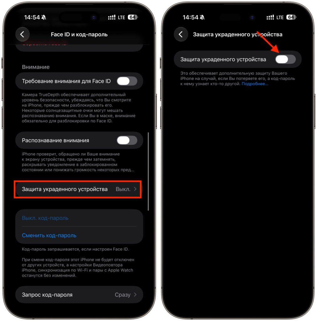 Stolen Device Protection toggle. Activate this toggle and follow the on-screen instructions. Photo.