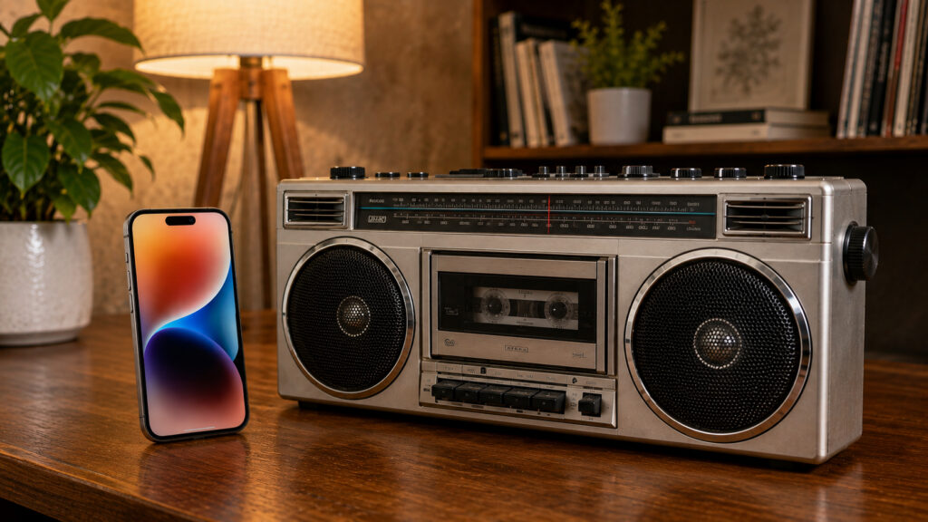An old cassette player can play music from a phone wirelessly using electromagnetic induction.