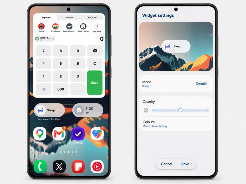 Mode and routine shortcuts on a Samsung Galaxy home screen