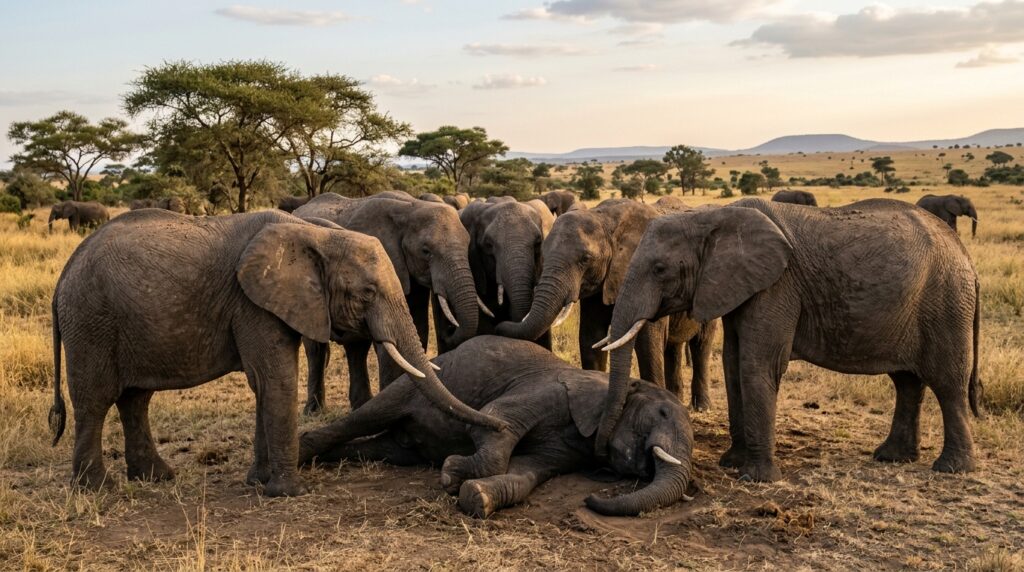 A herd of elephants gathering around a fallen elephant, displaying protective and examining behaviors in the wild