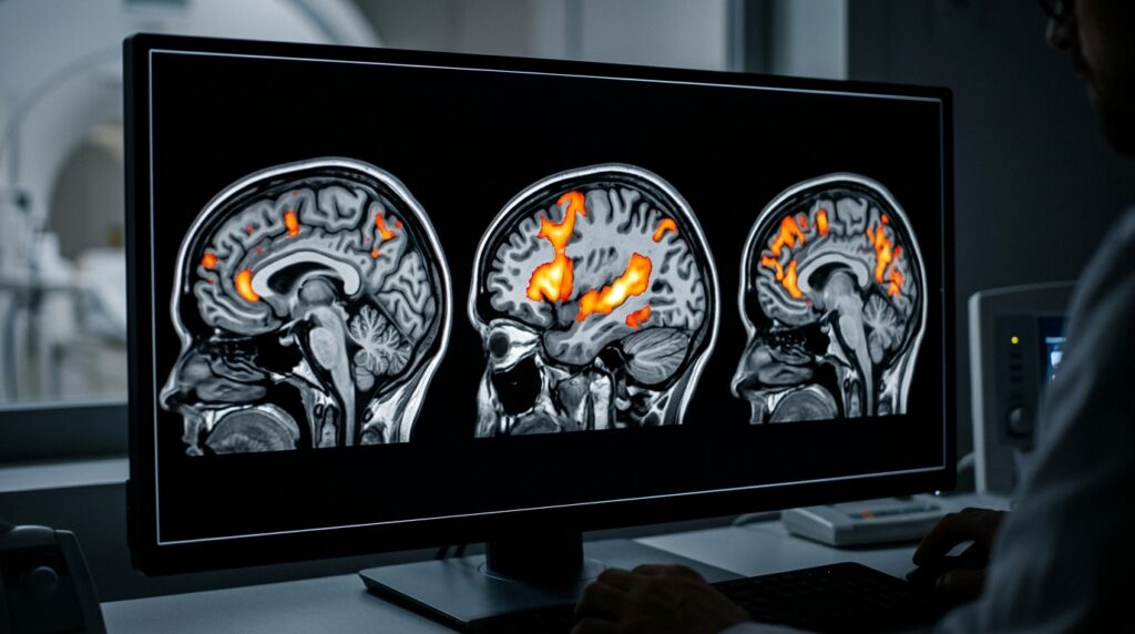 Colorful functional MRI brain scans showing active language processing areas on a dark background