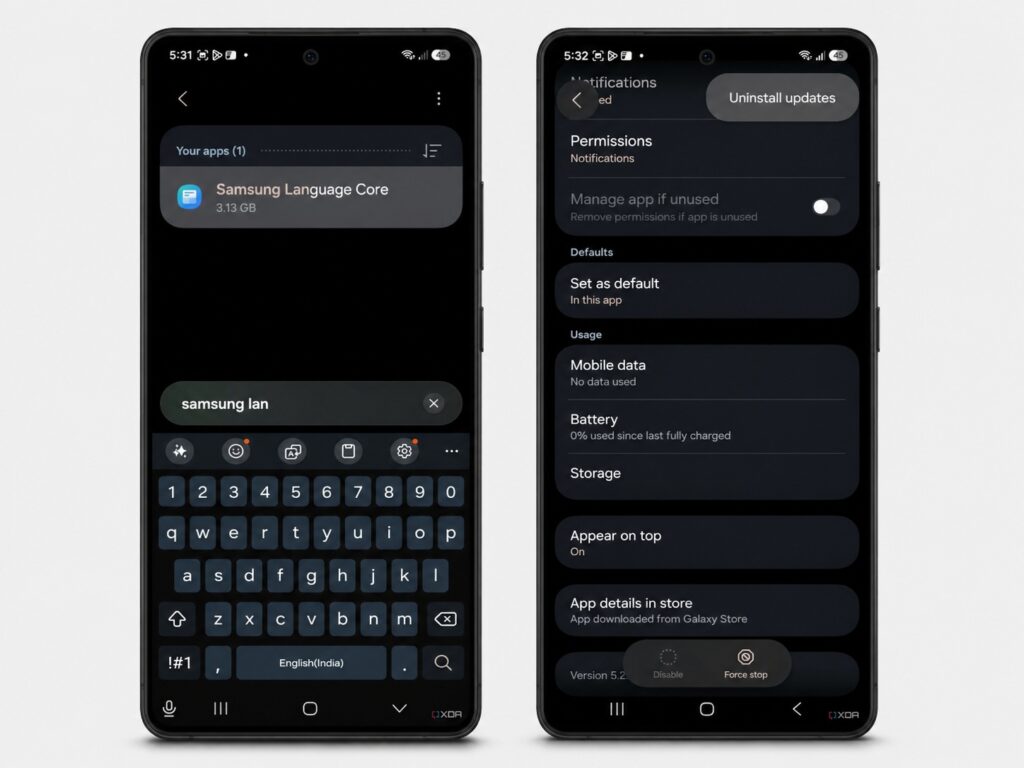 Finding Samsung Language Core in Settings and uninstalling its updates
