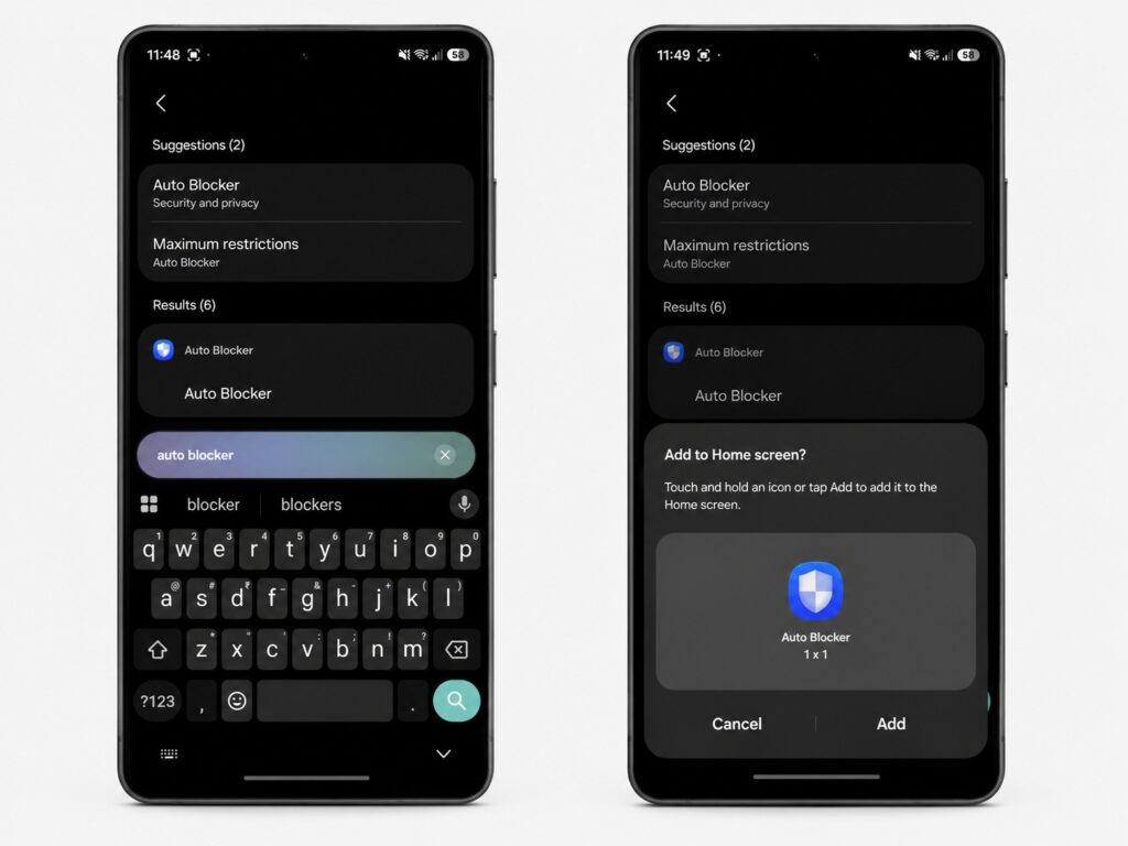 Adding settings shortcuts through Samsung Settings search