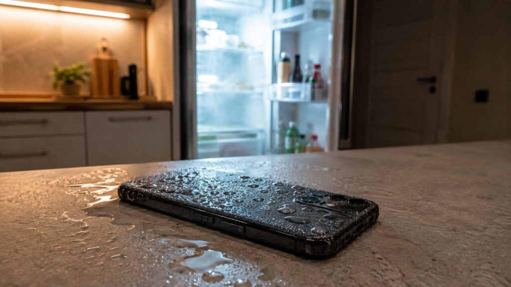 Illustration of potential damage from putting a phone in the fridge
