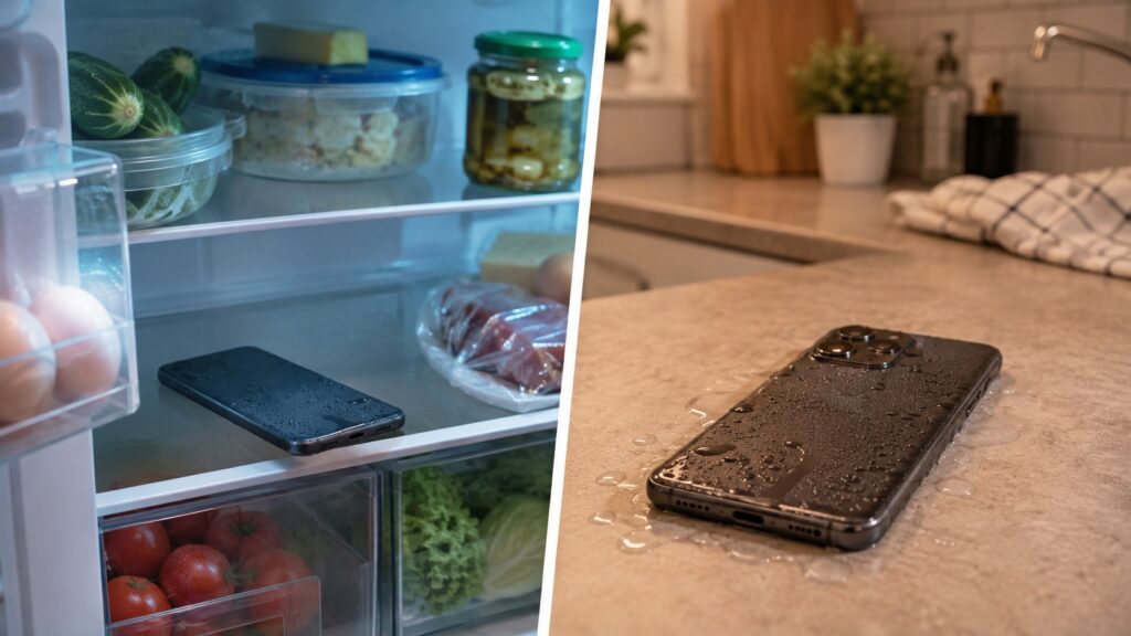 Illustration showing what happens to a smartphone after being placed in a fridge