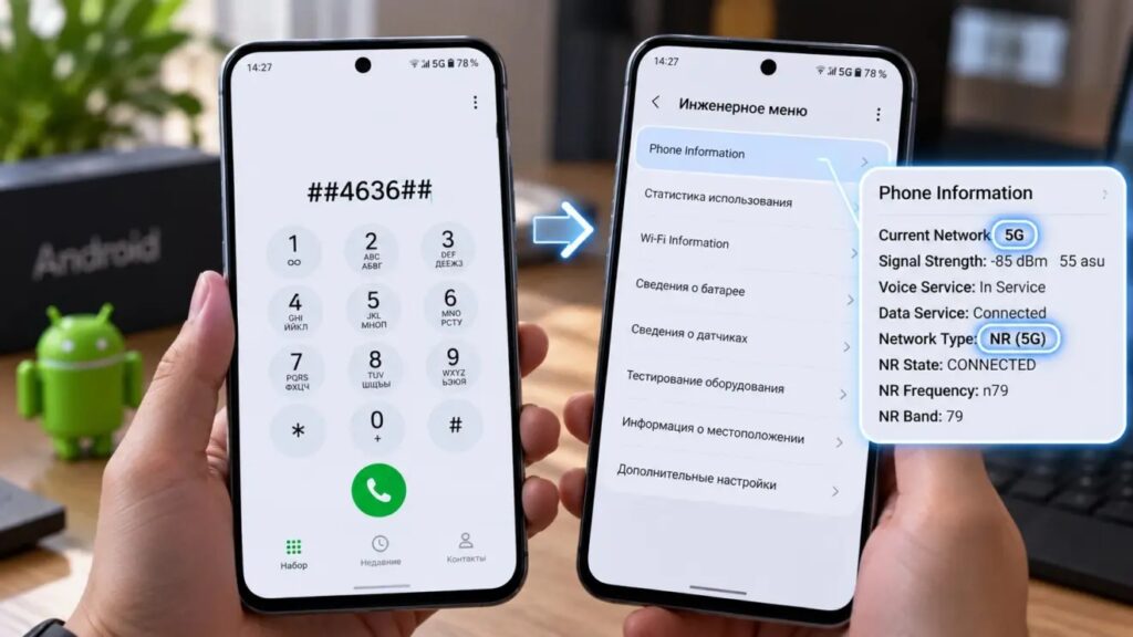 Checking 5G in the Android testing menu