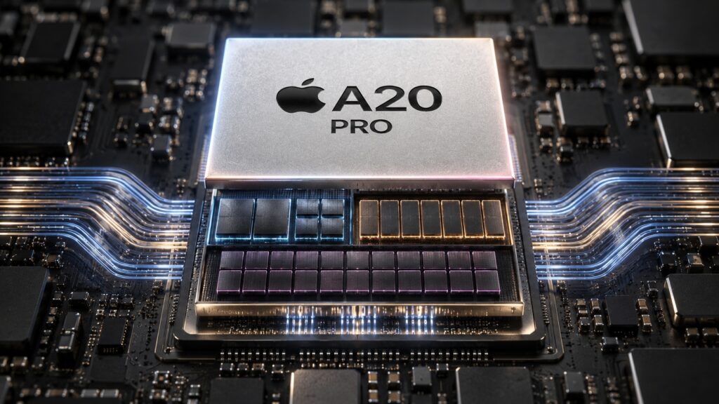 CPU, GPU and Neural Engine: what changed. The Apple A20 Pro processor inside a smartphone. Photo.