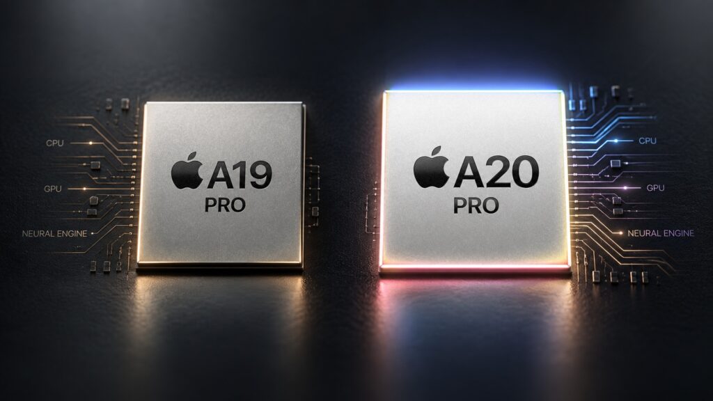 A20 Pro vs A19 Pro side by side. The Apple A19 Pro and A20 Pro processors. Photo.
