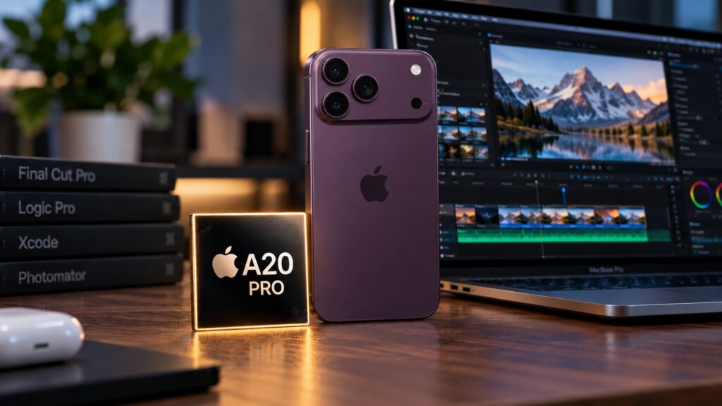 iPhone 18 Pro with the Apple A20 Pro processor next to a MacBook. Photo.