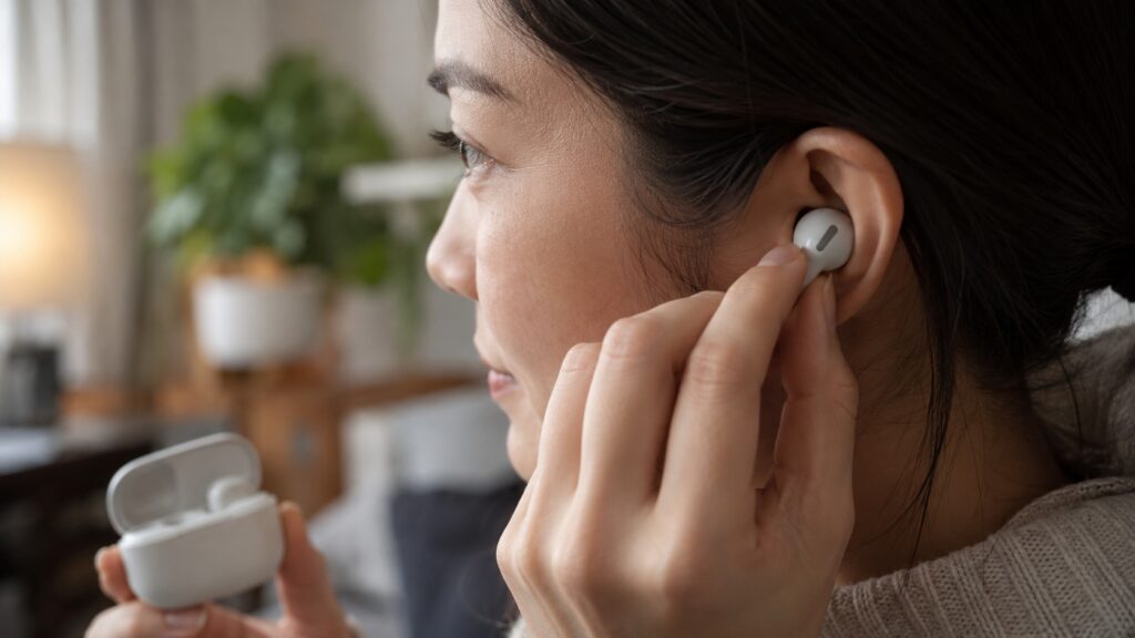 Checking the fit of wireless earbuds