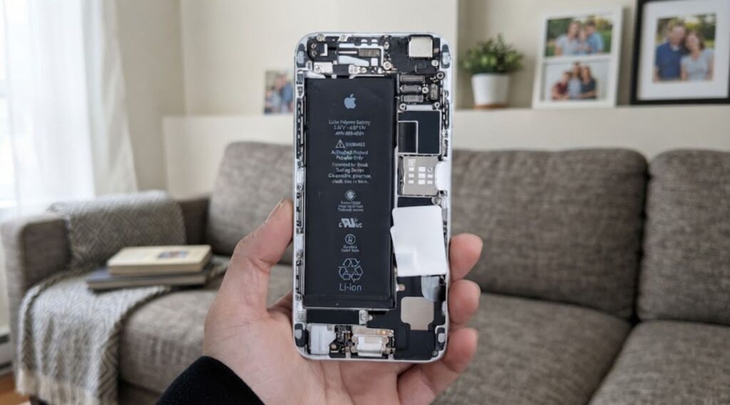 A smartphone battery inside the device