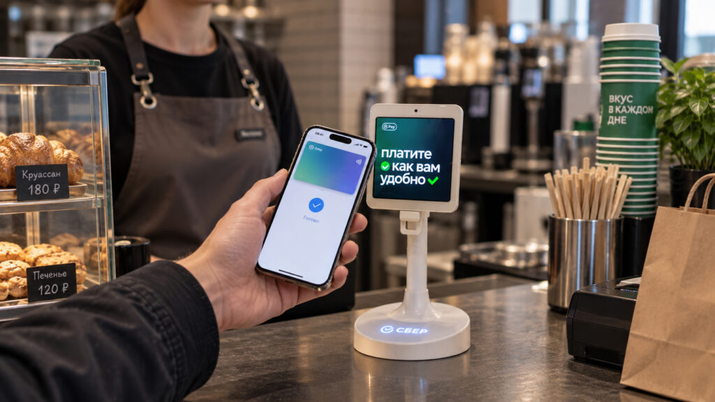 Contactless payment in progress on a Sber terminal