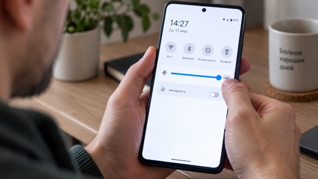 A person pushing a smartphone's manual brightness slider to the maximum